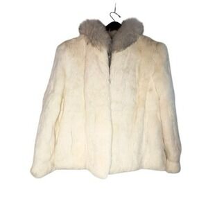 VTG Sergio Valente Genuine Off White Rabbit Fur Blue Fox Collar Jacket Coat Sm